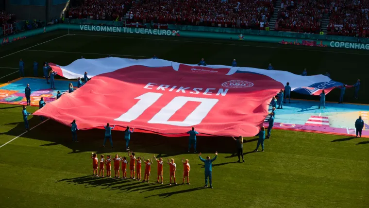 A large Christian Eriksen jersey displayed before Denmark's Euro 2020 match versus Belgium