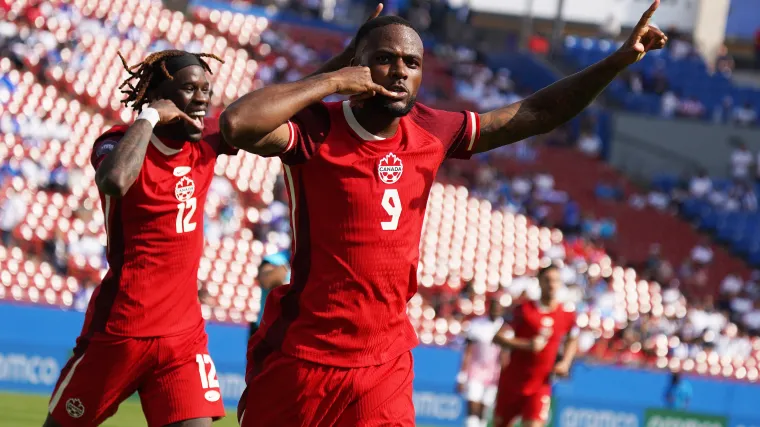 Canada forward Cyle Larin celebrates scoring during a Copa America qualifier