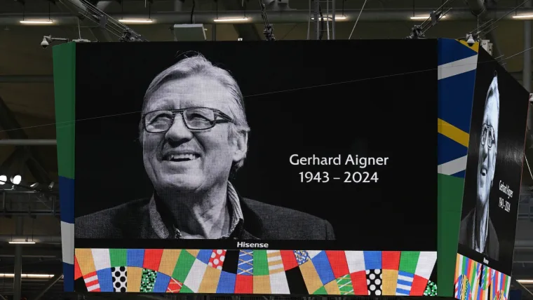 A big-screen image of Gerhard Aigner before a Euro 2024 match