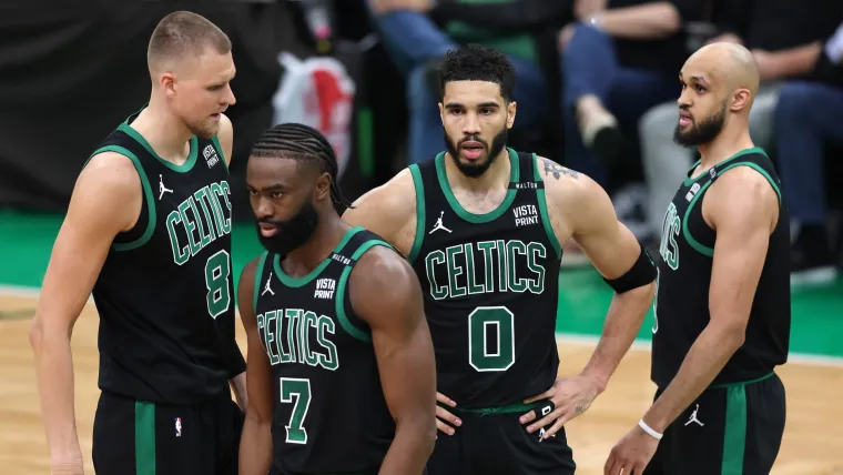 Kristaps Porzingis, Jaylen Brown, Jayson Tatum and Derrick White