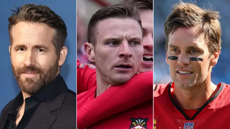 From left to right: Ryan Reynolds, Wrexham striker Paul Mullin, and Tom Brady