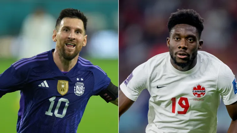 Lionel Messi of Argentina and Alphonso Davies of Canada split