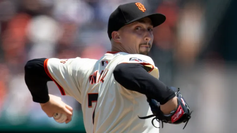 Jul 14, 2024; San Francisco, California, USA; San Francisco Giants starting pitcher Blake Snell (7) delivers a pitch against the Minnesota Twins during the first inning at Oracle Park. Mandatory Credit: D. Ross Cameron-USA TODAY Sports