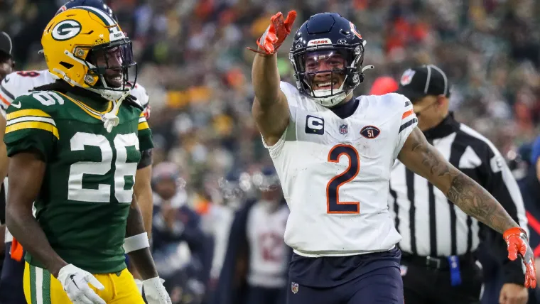 Jan 7, 2024; Green Bay, Wisconsin, USA; Chicago Bears wide receiver DJ Moore (2) signals for a first down after making a reception against the Green Bay Packers during the game at Lambeau Field. Mandatory Credit: Tork Mason-USA TODAY Sports