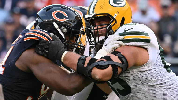 Sep 10, 2023; Chicago, Illinois, USA; Chicago Bears defensive lineman Rasheem Green (94) and Green Bay Packers tackle David Bakhtiari (69) at Soldier Field. Mandatory Credit: Jamie Sabau-USA TODAY Sports