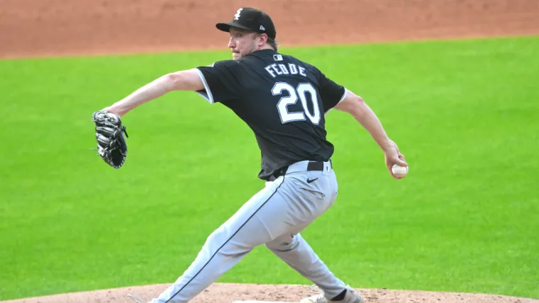 Jul 3, 2024; Cleveland, Ohio, USA; Chicago White Sox starting pitcher Erick Fedde (20) delivers a pitch in the second inning against the Cleveland Guardians at Progressive Field. Mandatory Credit: David Richard-USA TODAY Sports