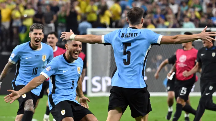 Manuel Ugarte of Uruguay vs Brazil at 2024 Copa America