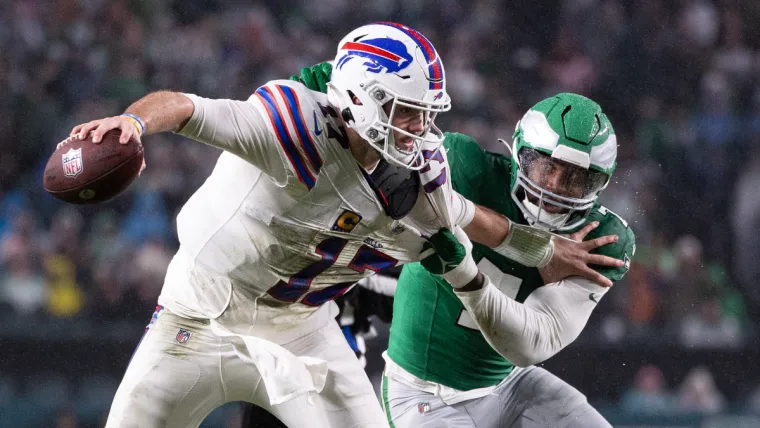 Nov 26, 2023; Philadelphia, Pennsylvania, USA; Philadelphia Eagles linebacker Haason Reddick (7) sacks Buffalo Bills quarterback Josh Allen (17) during the second quarter at Lincoln Financial Field. Mandatory Credit: Bill Streicher-USA TODAY Sports