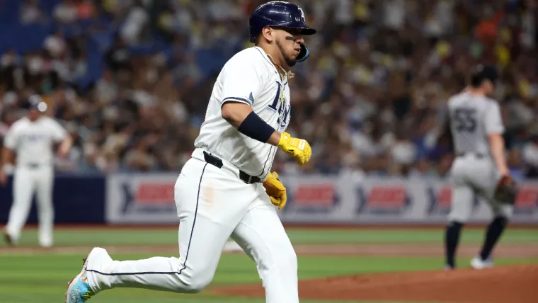 Jul 9, 2024; St. Petersburg, Florida, USA; Tampa Bay Rays third base Isaac Paredes (17) hits a threenrun home run against the New York Yankees during the first inning at Tropicana Field. Mandatory Credit: Kim Klement Neitzel-USA TODAY Sports