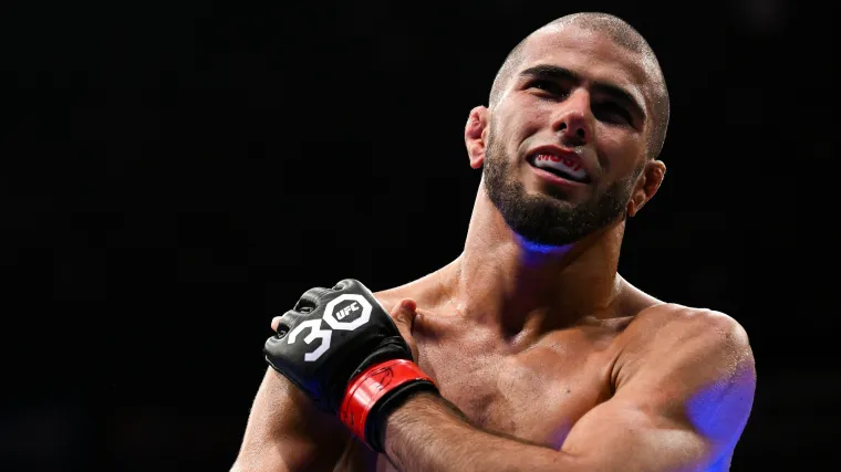 Mar 18, 2023; London, UNITED KINGDOM; Muhammad Mokaev (red gloves) celebrates after defeating Jafel Filho (not pictured) during UFC 286 at O2 Arena. Mandatory Credit: Per Haljestam-USA TODAY Sports