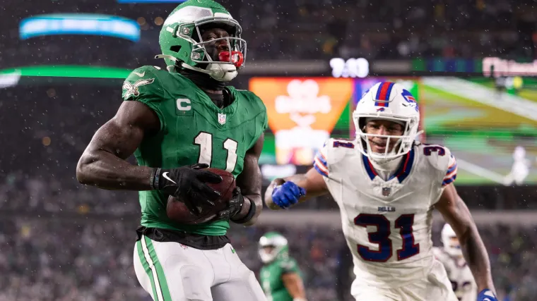 A.J. Brown reels in a touchdown for the Eagles against the Bills.