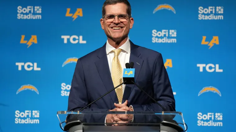 Feb 1, 2024; Inglewood, CA, USA; Los Angeles Chargers coach Jim Harbaugh speaks at an introductory press conference at YouTube Theater at SoFi Stadium. Mandatory Credit: Kirby Lee-USA TODAY Sports