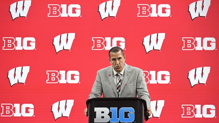 Jul 23, 2024; Indianapolis, IN, USA; Wisconsin Badgers head coach Luke Fickell speaks to the media during the Big 10 football media day at Lucas Oil Stadium. Mandatory Credit: Robert Goddin-USA TODAY Sports