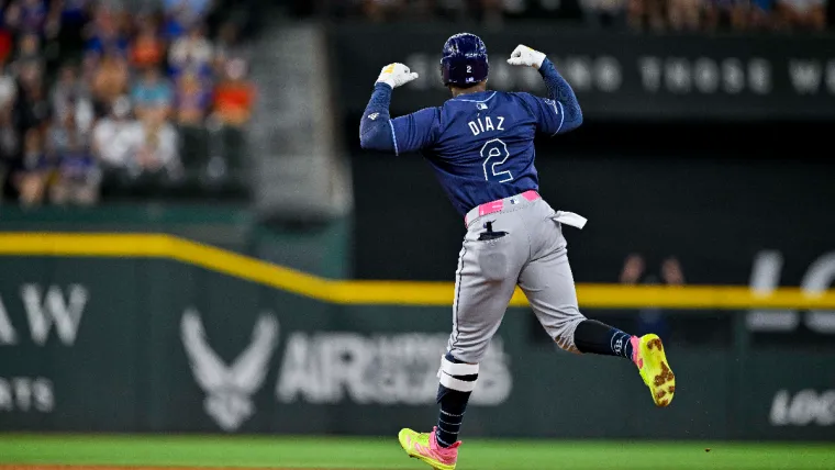 Jul 6, 2024; Arlington, Texas, USA; Tampa Bay Rays first baseman Yandy Diaz (2) in action during the game between the Texas Rangers and the Tampa Bay Rays at Globe Life Field. Mandatory Credit: Jerome Miron-USA TODAY Sports