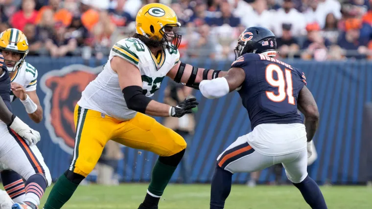 Green Bay Packers offensive tackle David Bakhtiari (69) blocks Chicago Bears defensive end Yannick Ngakoue (91) during second half of their game on Sunday, Sept. 10, 2023 at Soldier Field in Chicago.