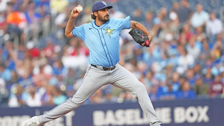 Jul 24, 2024; Toronto, Ontario, CAN; Tampa Bay Rays starting pitcher Zach Eflin (24) throws a pitch against the Toronto Blue Jays during the first inning at Rogers Centre. Mandatory Credit: Nick Turchiaro-USA TODAY Sports