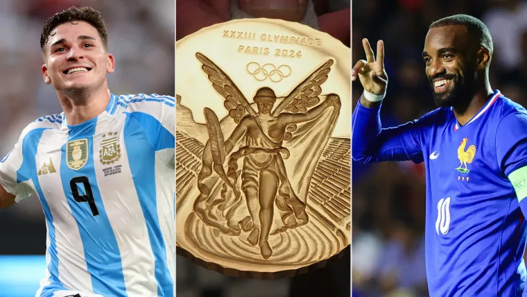 Julian Alvarez of Argentina and Alexandre Lacazette of France with Olympic medal split