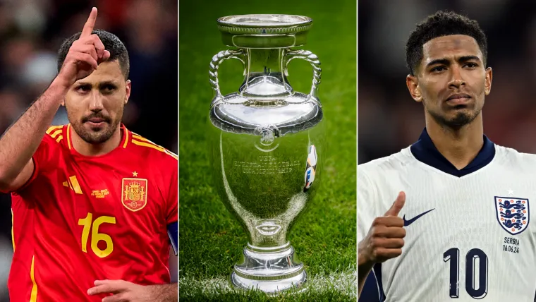 Rodri of Spain and Jude Bellingham of England with Euro trophy split