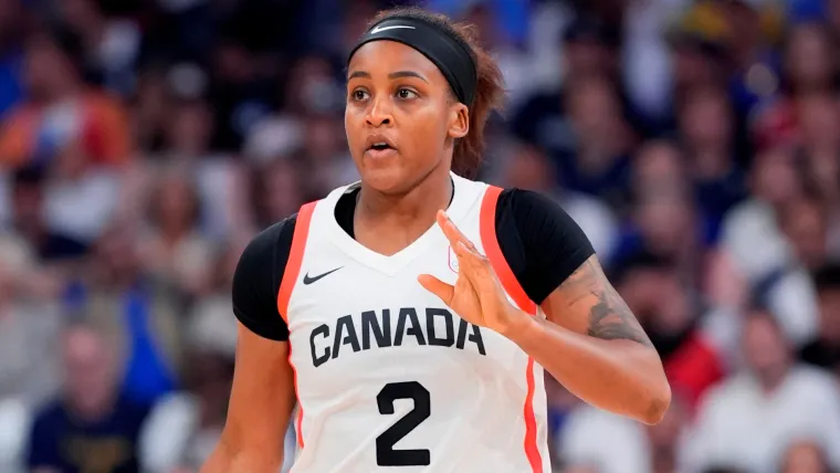 Canada guard Shay Colley dribbles the ball during the third quarter against France during the Paris 2024 Olympic Summer Games at Stade Pierre-Mauroy.