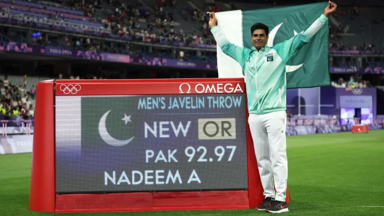 Arshad Nadeem Olympic record javelin throw of 92.97m at at Paris 2024 games