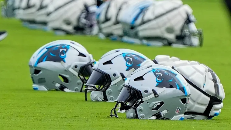 Jul 30, 2024; Charlotte, NC, USA; Carolina Panthers helmets at Carolina Panthers Practice Fields. Mandatory Credit: Jim Dedmon-USA TODAY Sports