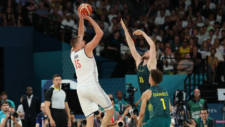 Nikola Jokic shoots at the Olympics