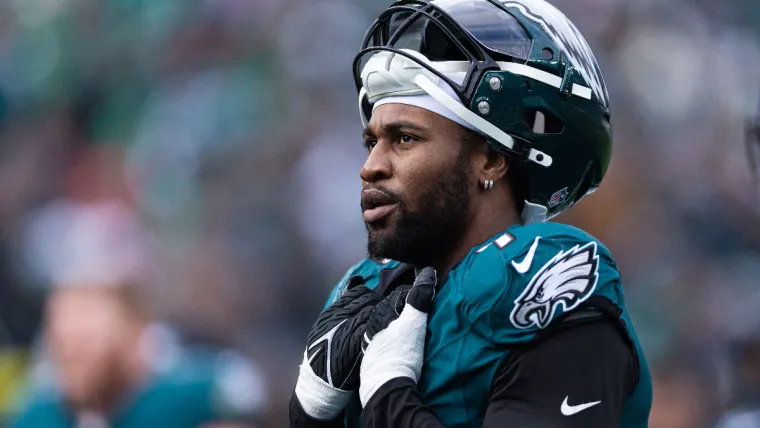 Dec 31, 2023; Philadelphia, Pennsylvania, USA; Philadelphia Eagles linebacker Haason Reddick (7) looks on during the second quarter against the Arizona Cardinals at Lincoln Financial Field. Mandatory Credit: Bill Streicher-USA TODAY Sports