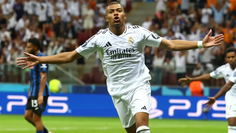 Kylian Mbappe celebrates scoring for Real Madrid against Atalanta