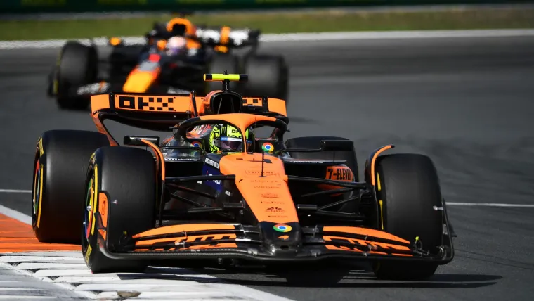 Lando Norris' McLaren in front of Max Verstappen's Red Bull at the 2024 Dutch Grand Prix