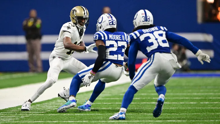 Oct 29, 2023; Indianapolis, Indiana, USA; New Orleans Saints wide receiver Michael Thomas (13) runs into Indianapolis Colts cornerback Kenny Moore II (23) during the second quarter at Lucas Oil Stadium. Mandatory Credit: Marc Lebryk-USA TODAY Sports