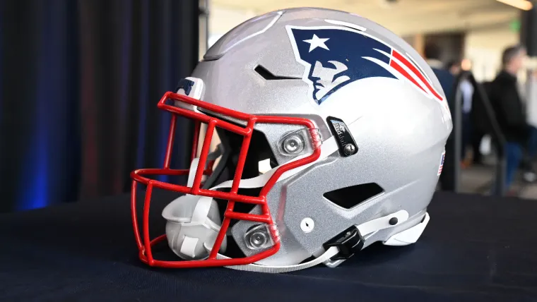 Jan 17, 2024; Foxborough, MA, USA; A New England Patriots helmet sits on a table at Gillette Stadium. Mandatory Credit: Eric Canha-USA TODAY Sports