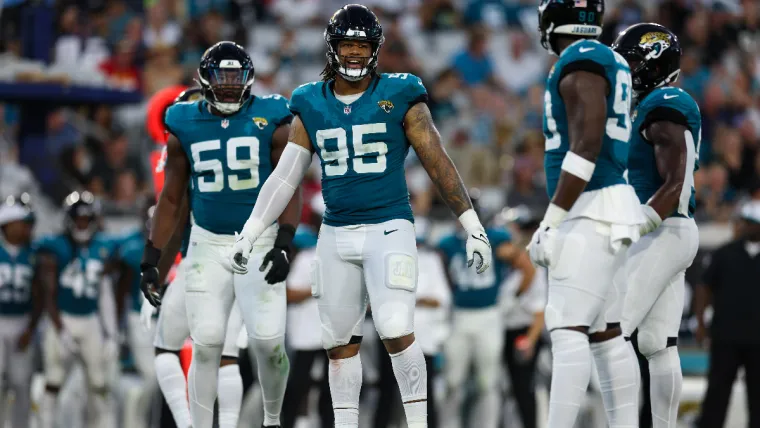 Aug 10, 2024; Jacksonville, Florida, USA; Jacksonville Jaguars defensive tackle Roy Robertson-Harris (95) lines up against the Kansas City Chiefs in the second quarter during preseason at EverBank Stadium. Mandatory Credit: Nathan Ray Seebeck-USA TODAY Sports