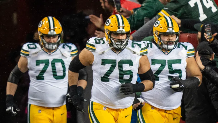 January 20, 2024; Santa Clara, CA, USA; Green Bay Packers guard Royce Newman (70), guard Jon Runyan (76), and guard Sean Rhyan (75) before a 2024 NFC divisional round game against the San Francisco 49ers at Levi's Stadium. Mandatory Credit: Kyle Terada-USA TODAY Sports