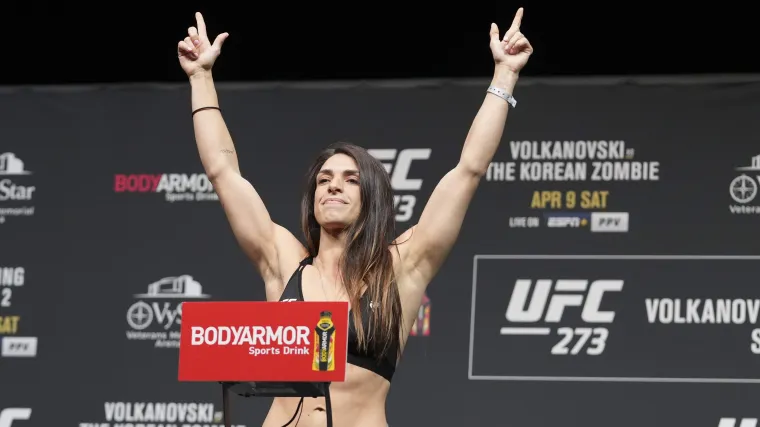 Apr 8, 2022; Jacksonville, FL, USA; Mackenzie Dern on the scales during weigh ins for UFC 273 at VyStar Veterans Memorial Stadium. Mandatory Credit: David Yeazell-USA TODAY Sports