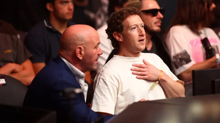 Apr 13, 2024; Las Vegas, Nevada, USA; Mark Zuckerberg (right) and Dana White (left) during UFC 300 at T-Mobile Arena. 