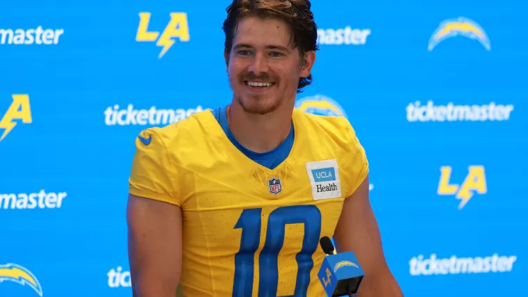 Los Angeles Chargers quarterback Justin Herbert (10) speaks to the media