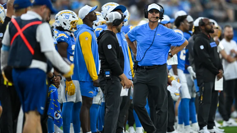 Los Angeles Chargers head coach Jim Harbaugh on the sidelines 