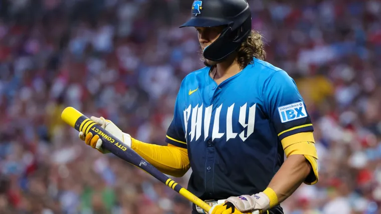 Aug 16, 2024; Philadelphia, Pennsylvania, USA; Philadelphia Phillies third base Alec Bohm (28) prepares to bat against the Washington Nationals during the third inning at Citizens Bank Park.