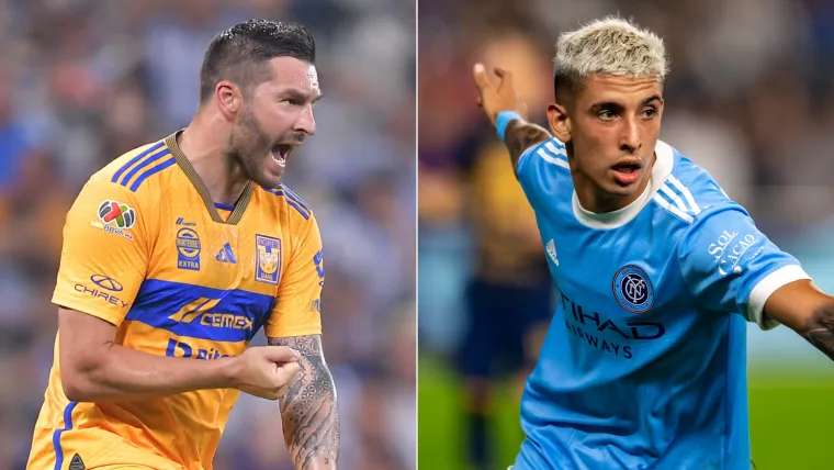 Andre-Pierre Gignac of Tigres and Santiago Rodriguez of NYCFC split