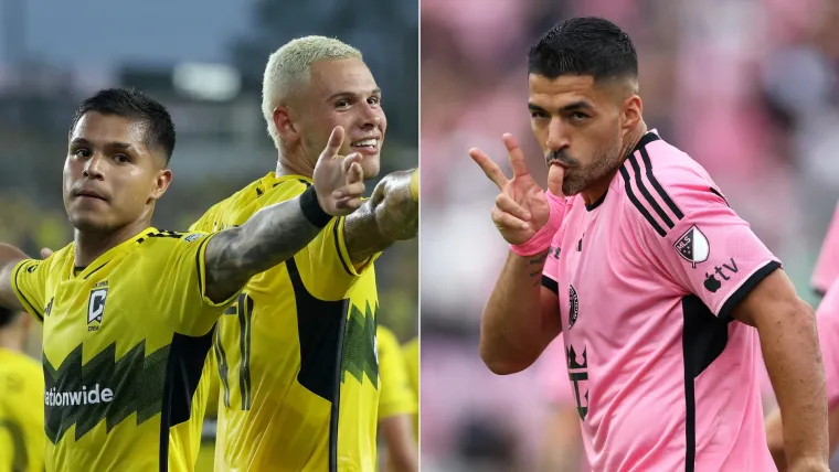 Cucho Hernandez, Christian Ramirez of Columbus Crew and Luis Suarez of Inter Miami split