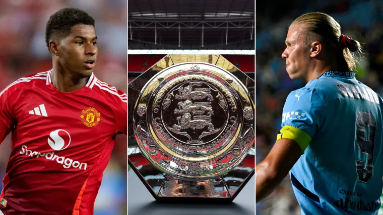 Marcus Rashford, Erling Haaland, and Community Shield trophy split