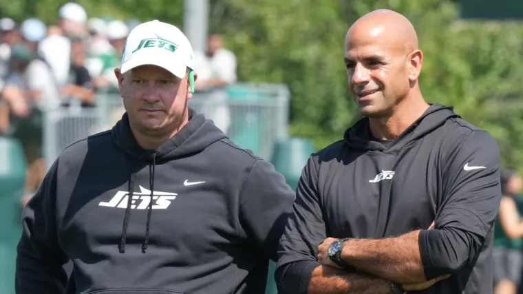 Robert Saleh and Nathaniel Hackett at practice