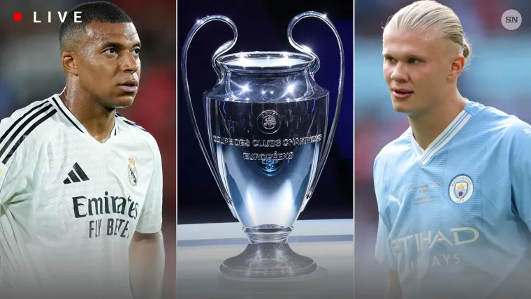 Kylian Mbappe (L), the UEFA Champions League trophy, and Erling Haaland (R)