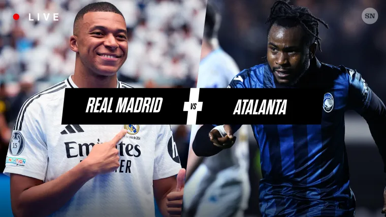 Kylian Mbappe of Real Madrid (L) and Ademola Lookman of Atalanta (R)