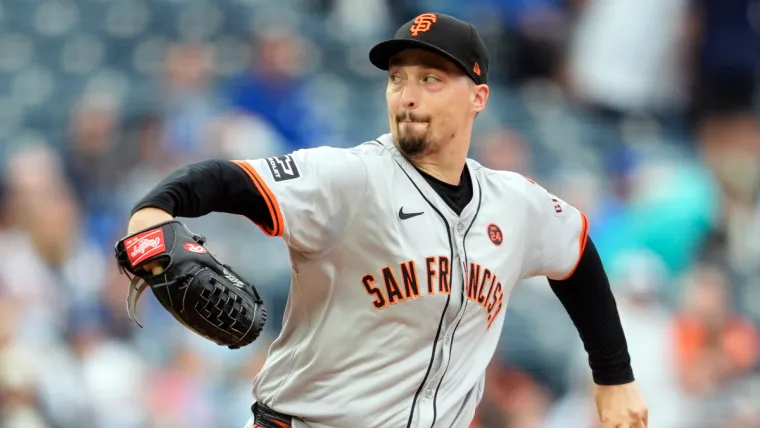 Sep 22, 2024; Kansas City, Missouri, USA; San Francisco Giants starting pitcher Blake Snell (7) pitches during the first inning against the Kansas City Royals at Kauffman Stadium. Mandatory Credit: Jay Biggerstaff-Imagn Images