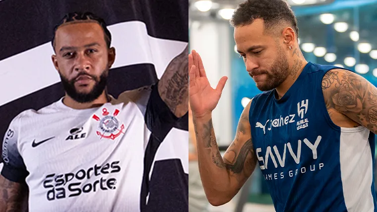 Memphis Depay com a camisa do Corinthians e Neymar com a camisa do Al-Hilal