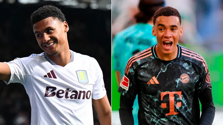 Ollie Watkins of Aston Villa and Jamal Musiala of Bayern Munich split