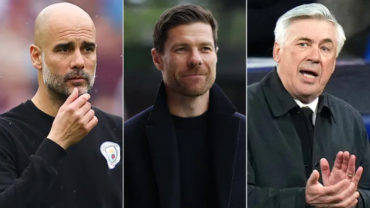 Pep Guardiola (L), Xabi Alonso (C), and Carlo Ancelotti (R)