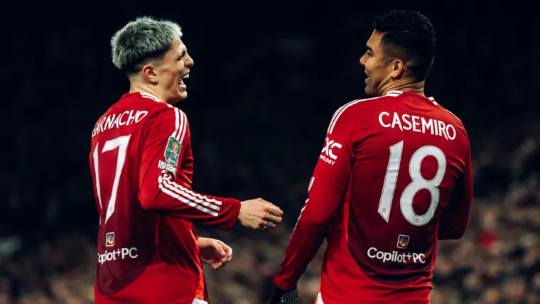 Alejandro Garnacho and Casemiro celebrate a Manchester United goal