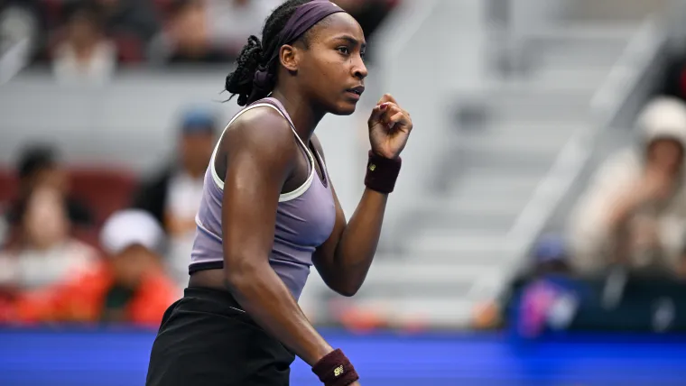 Coco Gauff reacts during a tennis match